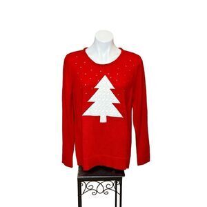 Croft & Barrow red crew neck Christmas sweater with white tree and pearls size L